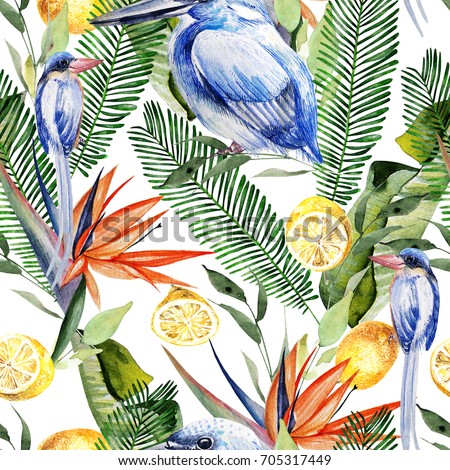 Beautiful watercolor seamless, tropical jungle floral pattern background with palm leaves, Hibiscus flowers and lemon fruit. Illustration