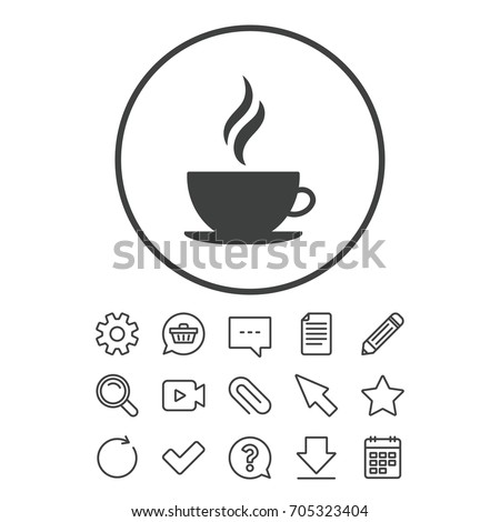 Coffee cup sign icon. Hot coffee button. Hot tea drink with steam. Document, Chat and Paper clip line signs. Question, Pencil and Calendar line icons. Star, Download and Shopping cart. Vector