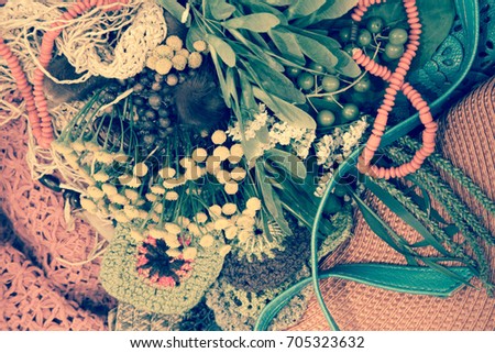 An interesting background in Boho style with a floral composition. Focus selective, the image is tinted