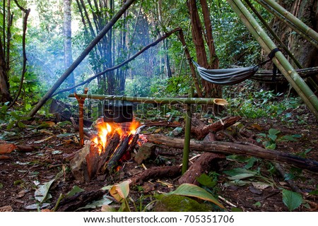 Jungle barbecue with open fire in the middle of a asian bamboo forrest Royalty-Free Stock Photo #705351706