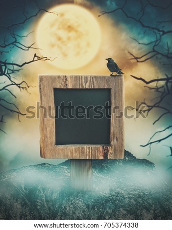 Wooden sign in dark landscape with spooky cloudy moon. Halloween design