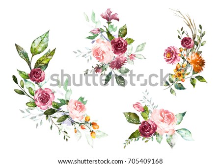 Set Watercolor flowers. Hand painted floral illustration. Bouquet of flowers pink rose. Design arrangements for textile, greeting card. Abstraction  branch of flowers isolated on white background. 