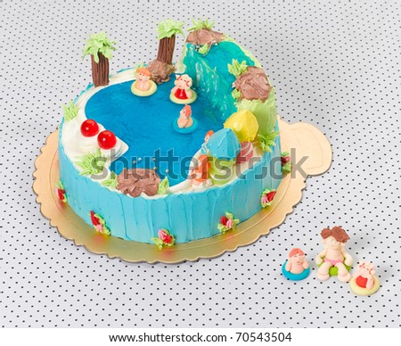 Nice idea to make fancy cake with waterfall icing cartoon and pool
