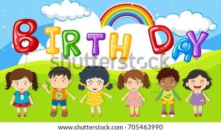 Children and balloons word birthday in the park illustration