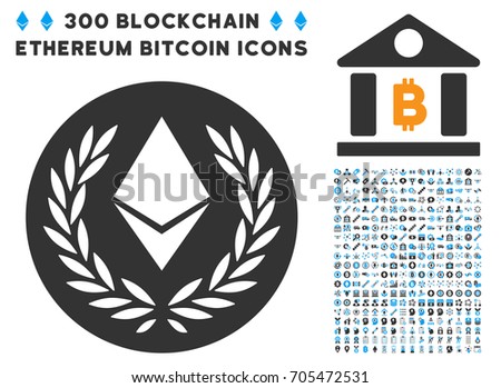 Ethereum Laurel Coin pictograph with 300 blockchain, bitcoin, ethereum, smart contract symbols. Vector clip art style is flat iconic symbols.