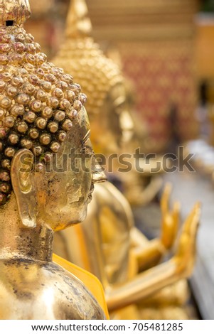 The side portrait of Buddha imagefrom the royal temple to show the difference of posture by focusing at the foreground of picture and blur background. 