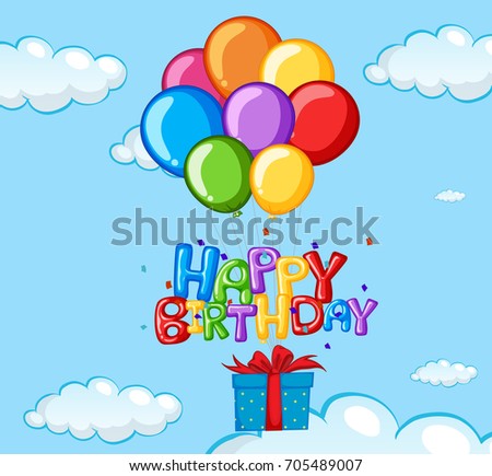 Happy Birthday card with balloons and present illustration
