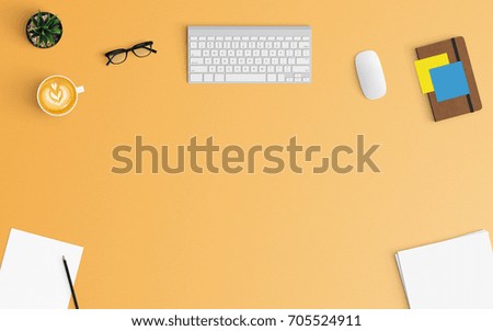 Modern workspace with coffee cup, keyboard, notebook and blank paper copy space on orange color background. Top view. Flat lay style.