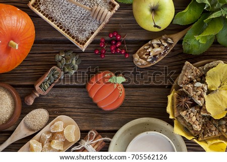Autumn harvest of fruits and vegetables on the village table. Food background, autumn concept. Top view, close up, copy space