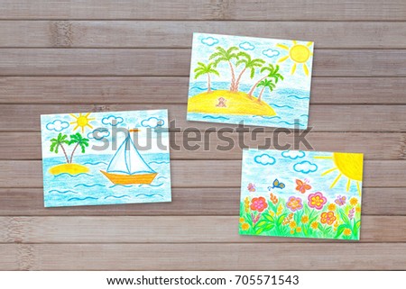 Pencils drawings collection, "Sailing boat"," Monkey on the palms island", "Summer flowers and butterflies" on wooden panels background. Interior decor for children's area