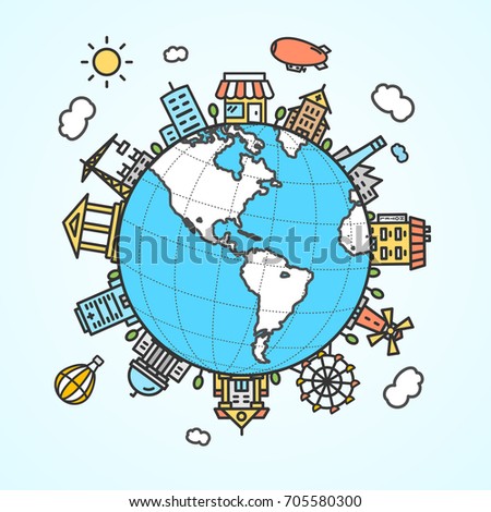 Globe and Building Around Tourism Business Concept for Posters, Brochures and Card International Trip. Vector illustration of different buildings