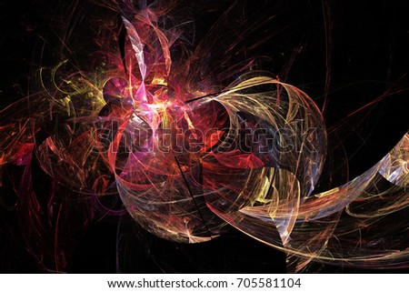Abstract colorful swirly shapes on black background. Fantasy red and orange chaotic fractal texture. 3D rendering.