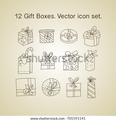 Simple Set of Outline Vector Thin Line Icons. Gift boxes with ribbons in various shapes. Christmas symbols.