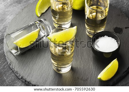 Tequila with lime and salt on a dark background