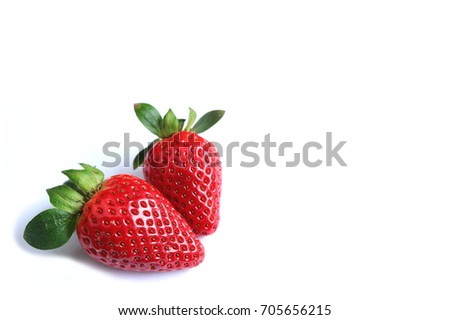Two Bright Red Color Fresh Ripe Strawberry Fruits Isolated on White Background, with Free Space for Text and Design 