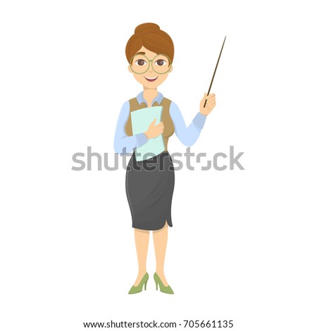 Teacher with chalkboard and pointer on white background.