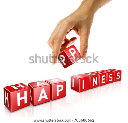 A woman's hand places a cube to form the word Happiness. Isolated on a white background