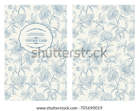 Botanical cover design with floral elements. Vintage card design with peony flower pattern. Decorative frame or border for wedding card. Vector illustration. Royalty-Free Stock Photo #705690019