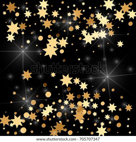 Gold confetti on a black background. Falling stars, glitter, dust and sparkles. Vector illustration. Golden explosion of confetti. Christmas backdrop. Shiny abstract glowing design. New Year cover.