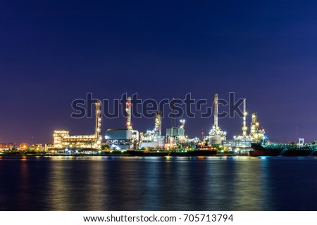 Close up view Refinery tower in petrochemical industrial plant with night sky
