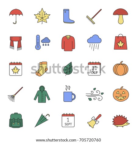 Autumn season color icons set. September 1 and October 31. Warm clothes, autumn sale, leaves, umbrella, calendar, rake, sale, rainy weather. Isolated raster illustrations