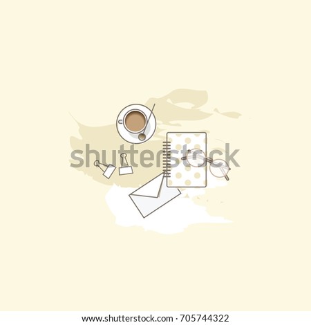 Feminine flat lay illustration with white coffee cup, paper clips, letter envelope, notebook and eyeglasses isolated on a beige colored paint splatter