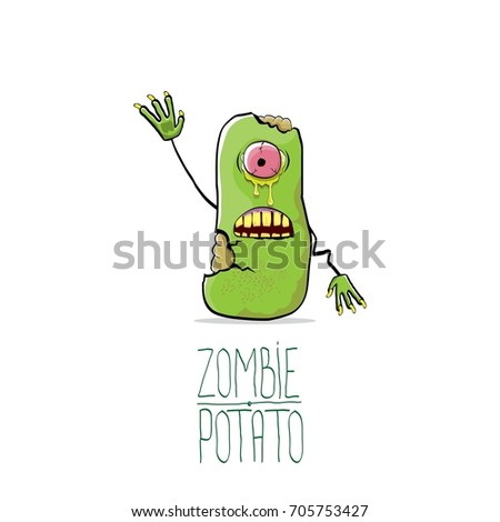 vector funny cartoon cute green zombie potato isolated on white background. My name is zombie potato vector concept halloween background. monster vegetable funky character