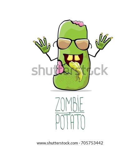 vector funny cartoon cute green zombie potato isolated on white background. My name is zombie potato vector concept halloween background. monster vegetable funky character