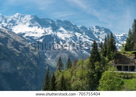 Spectacular mountain views and hiking trail in the Swiss Alps landscape near Stechelberg the district of Lauterbrunnen, Switzerland