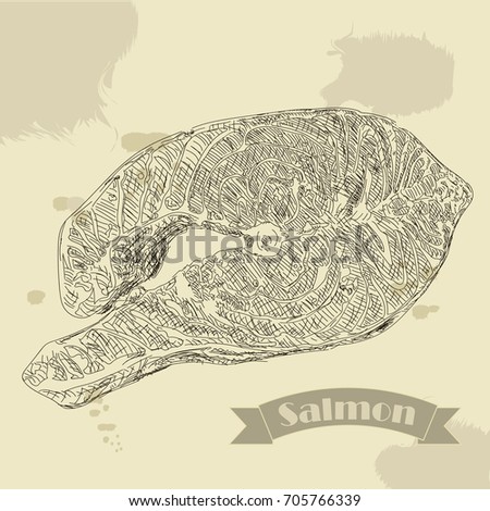 Salmon fillet hand drawn vector illustration. Engraved style vintage seafood. Great for Fish and sea food restaurant menu, flyer, card, business promote.