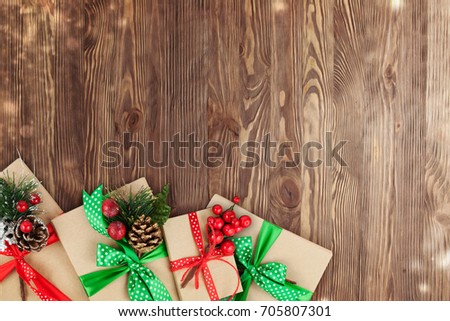 Gift or present box with christmas decoration. Flat lay style.