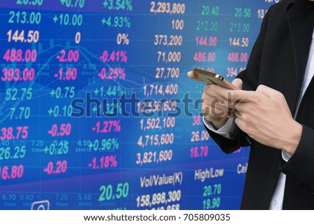 Business man on digital stock market financial indicator background. Digital business and stock market financial indicator . Double exposure of business man and digital stock market financial.investor