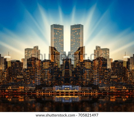 Abstract symmetrical image of New York. Double exposure. Manhattan skyline at sunset. New York City