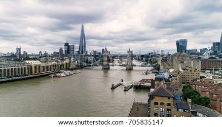 Aerial ascending view of  Tower bridge and the river Thames in central London