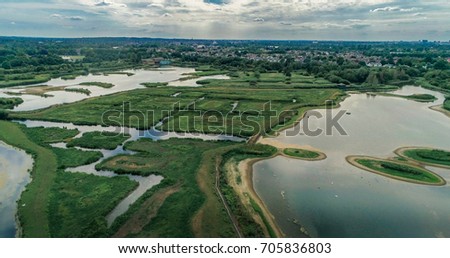Aerial view of the wetland centre in west London Royalty-Free Stock Photo #705836803