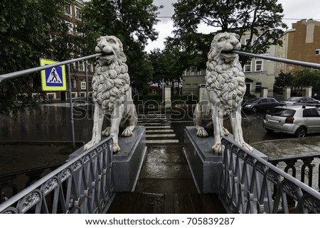 Lion Bridge, St. Peterburg, Russia/ Lions on the bridge in the rain