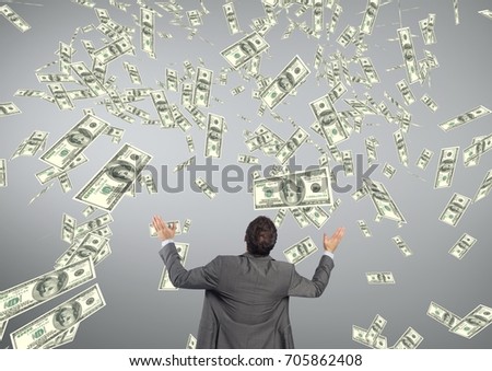 Digital composite of Business man looking at money rain against grey background