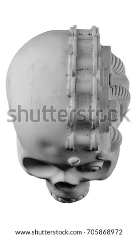Gypsum sculpture, statuette money box skull with mechanisms in the style of stim-punk 