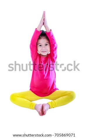 Full body of asian pretty child smiling and doing stretching exercises in lotus pose. Healthy chinese girl practicing yoga at studio. Fitness sport and active lifestyle. Isolated on white background.