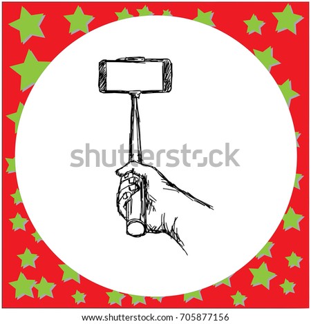 hand holding selfie stick vector illustration sketch hand drawn with black lines, isolated on white background