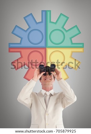 Digital composite of Happy man looking through binoculars against white background with infographics