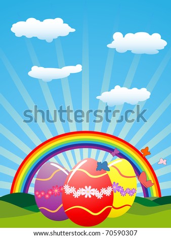 Easter eggs under rainbow and sun-rays