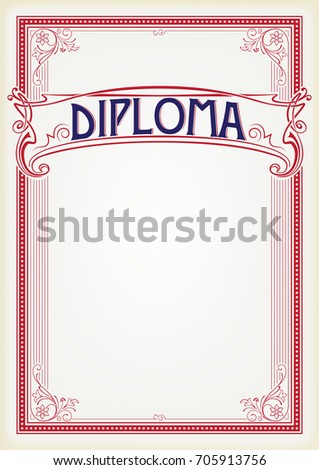 Decorative rectangular red framework and banner. Template for diploma, certificate, card, label. Retro, art-nouveau style. A3 page size.Banner is removable.