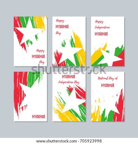 Myanmar Patriotic Cards for National Day. Expressive Brush Stroke in Flag Colors on white card background. Vector Greeting Card.