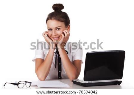 The friendly young woman sitting at your desk looks coquettishly. A series of modern, airy office.