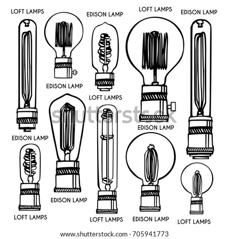 Hand-drawn drawing with different kinds of Edison lamps.Vector set of different geometric loft lamps. Modern sketch. Vintage light bulbs doodle art hanging free hand line style vector.