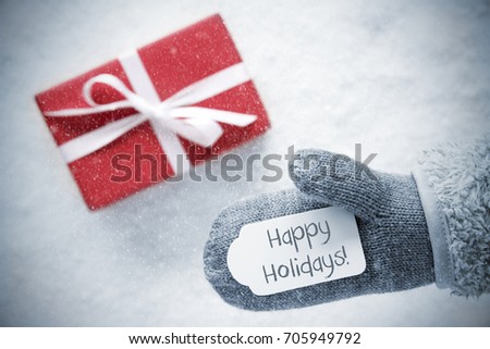 Red Gift, Glove, Text Happy Holidays, Snowflakes