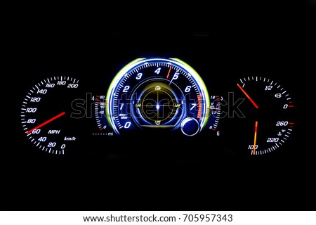 Modern light car mileage (dashboard, milage) isolated on a black background. New display of a modern car. MPH, fuel and temperature (Fahrenheit) digital indicators. Royalty-Free Stock Photo #705957343