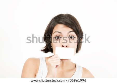 Happy Woman Holding Business Card For Your Text