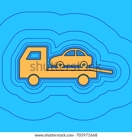 Tow car evacuation sign. Vector. Sand color icon with black contour and equidistant blue contours like field at sky blue background. Like waves on map - island in ocean or sea.